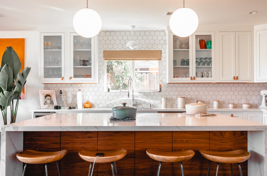 Kitchen counter with plants and warm wood details